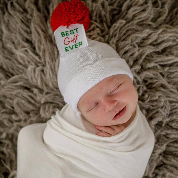 Ilybean White BEST GIFT EVER TAG Newborn Christmas Hat