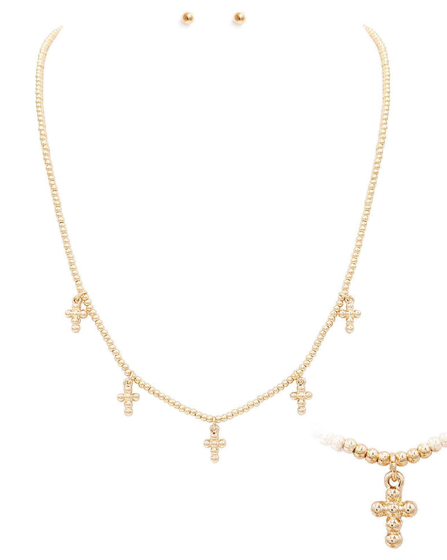 Gold Small Beaded Chain with Small Cross Charms