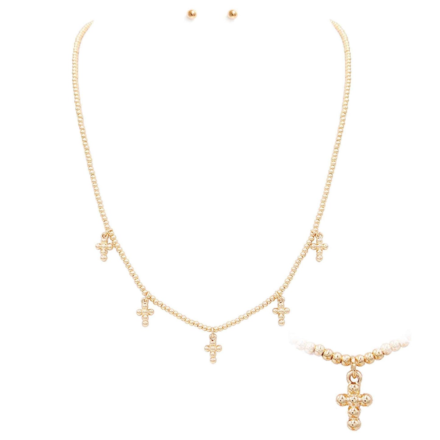 Gold Small Beaded Chain with Small Cross Charms