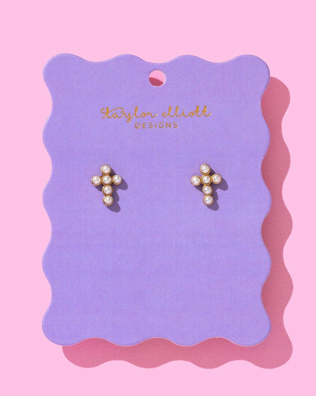 Gold-Plated Pearl Cross Stud Earrings