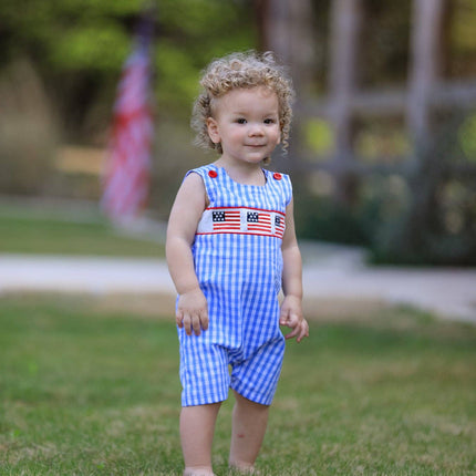 4th of july Flag Embroidery Smocking Boys Romper