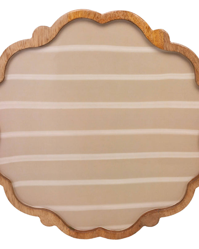 13.75" Dia. Tan Wavy Edge Striped Mango Wood Platter