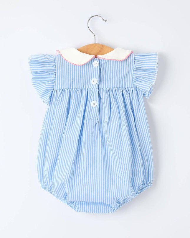 Blue Stripe Girl Romper Petal Peter Pan Collar Bow