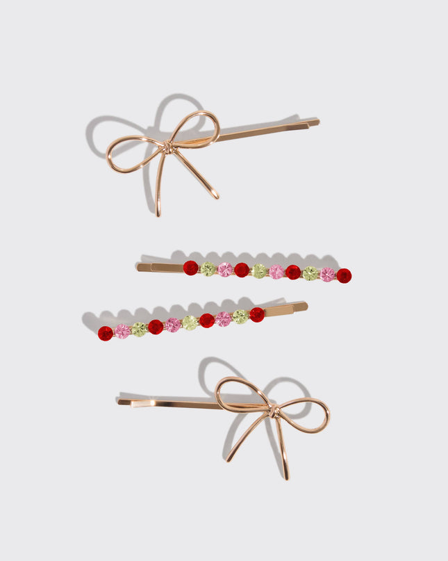 Metal Gemstone and Bow Bobby Pins 4pc Set