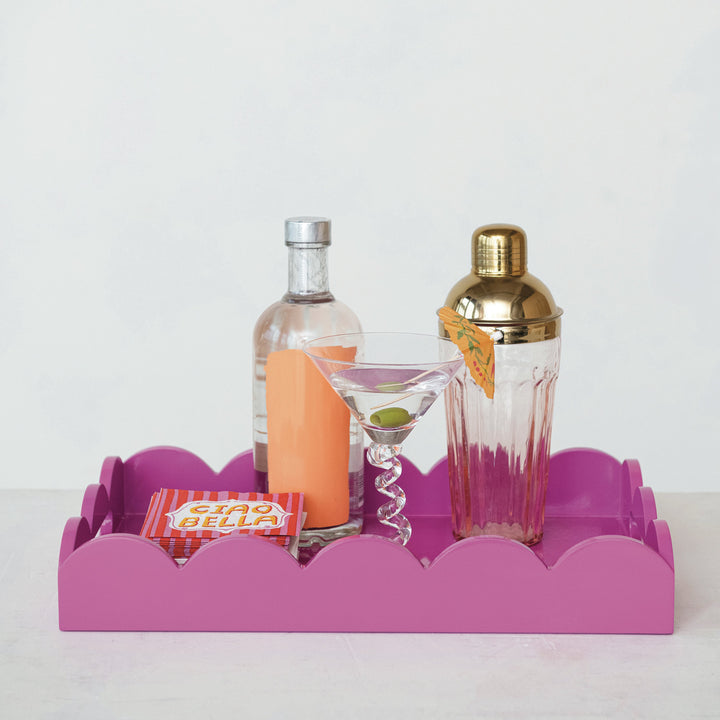 Personalized Lacquered Scalloped Tray w/ Handles, Fuchsia Color