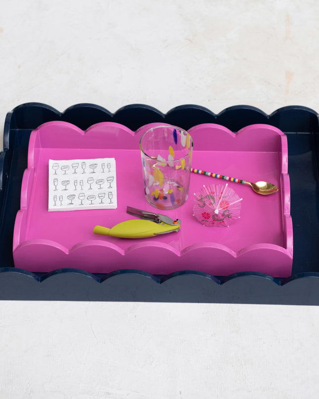 Personalized Lacquered Scalloped Tray w/ Handles, Fuchsia Color