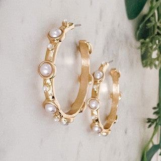 Pearl Studded Hoop Earrings-Gold