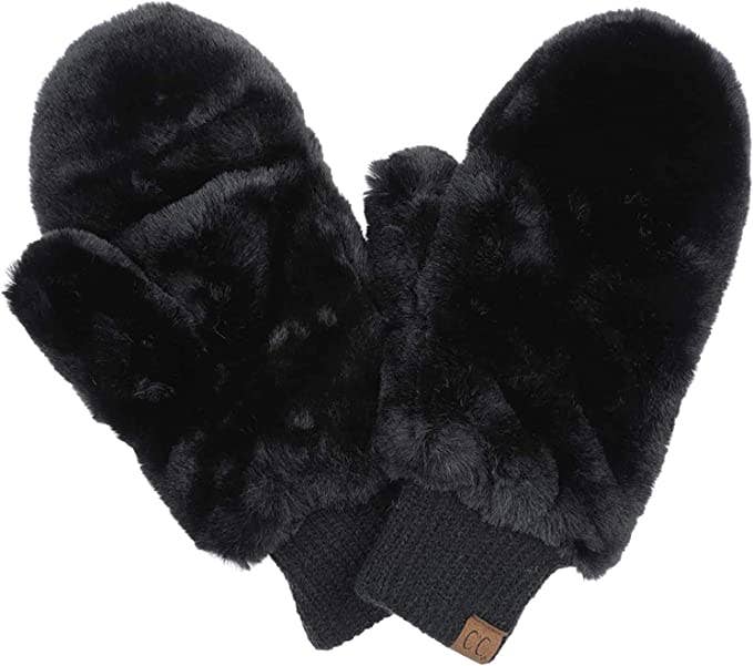Faux Fur Convertible Mitten - Black