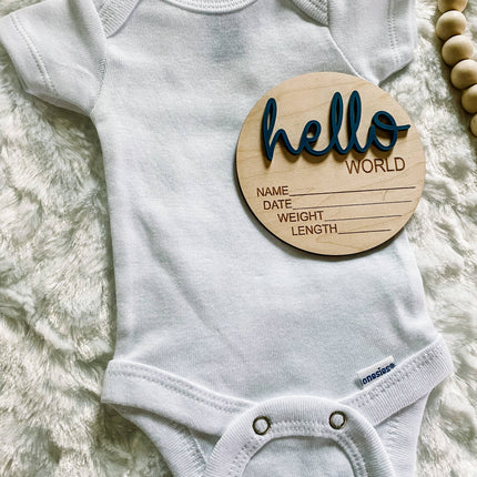 Hello World Birth Stat Announcement Wood Disc - Layered 3D