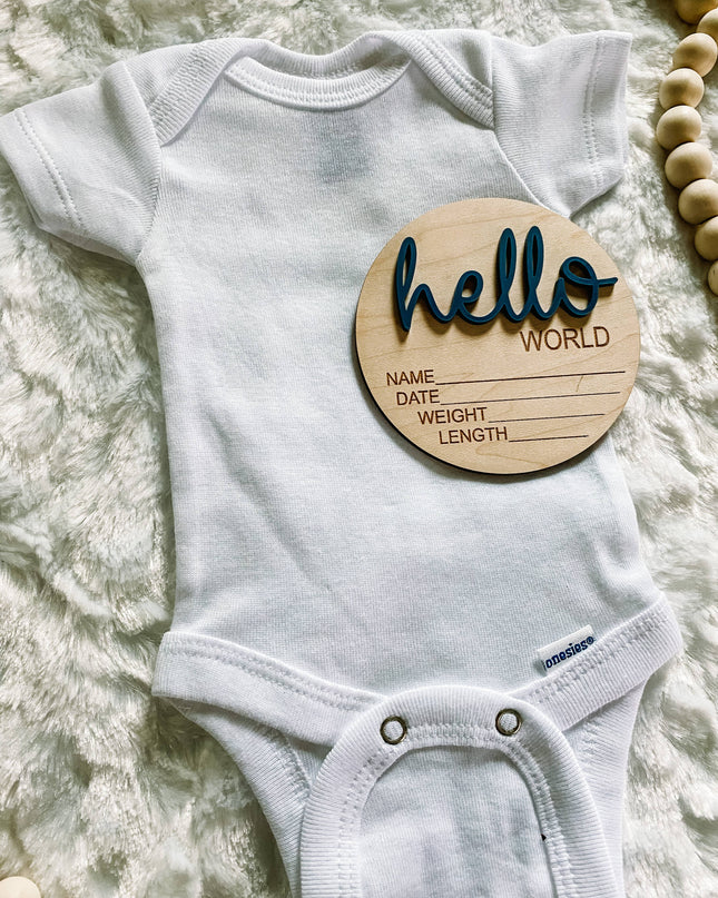 Hello World Birth Stat Announcement Wood Disc - Layered 3D