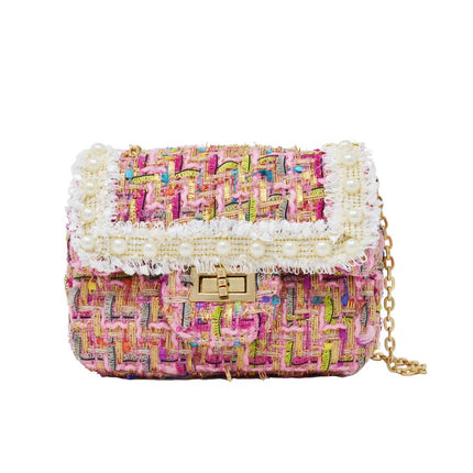 Classic Tweed Handbag with Pearls - White, angled view