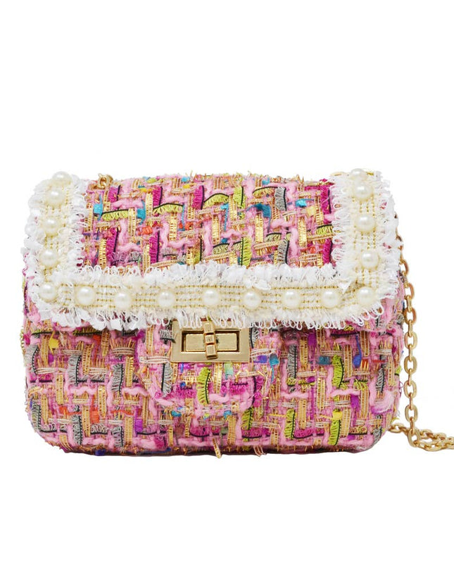 Classic Tweed Handbag with Pearls - White, angled view