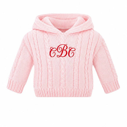 Personalized Pink Cable Knit Hooded Zip-Back Baby Sweater – 100% Cotton