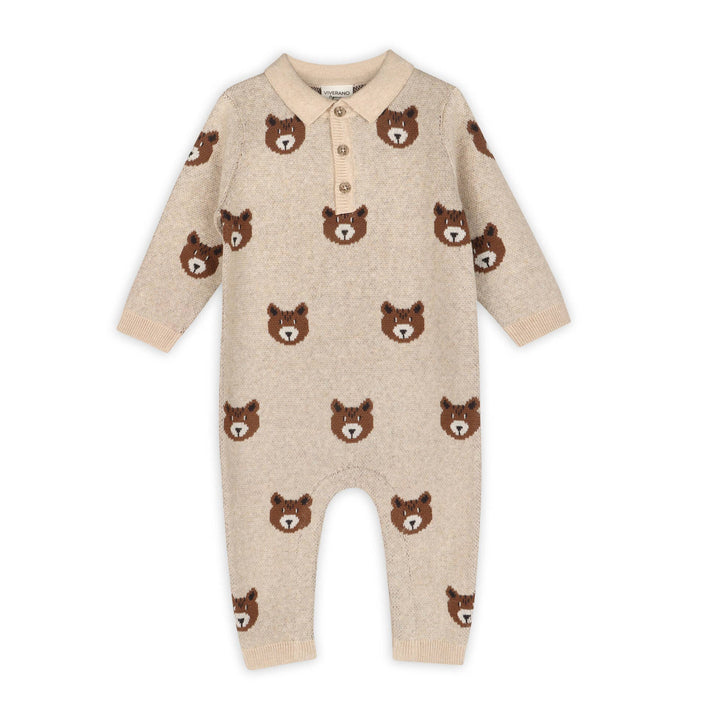 Brown Bear Jacquard Sweater Knit Baby Jumpsuit