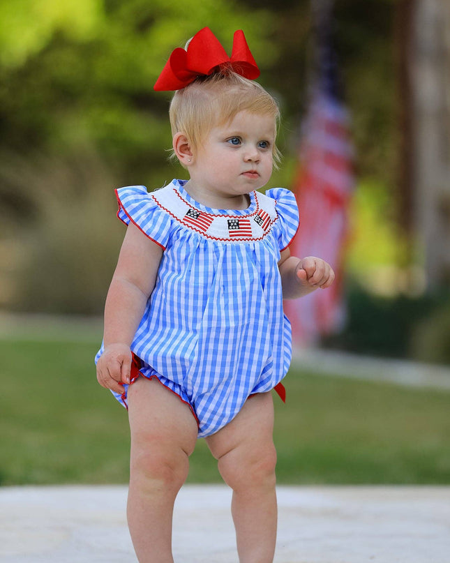 4th of july Flag Embroidery Smocking Girls Romper