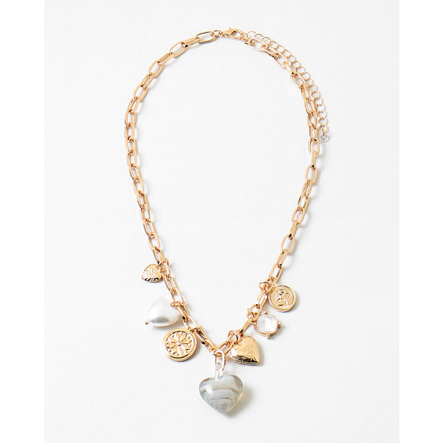 Gold Chain Heart & Pearl Charm Necklace