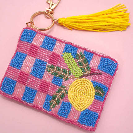 Checker Fruit Seed Bead Coin Tassel Purse