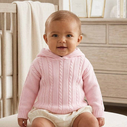 Personalized Pink Cable Knit Hooded Zip-Back Baby Sweater – 100% Cotton