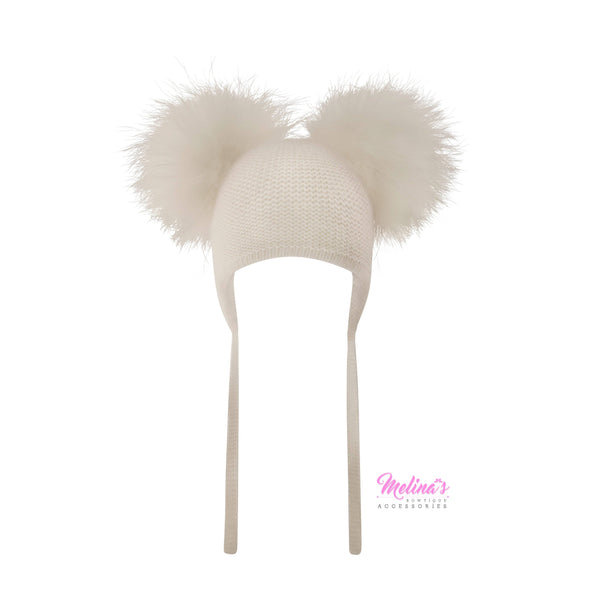 Cream Double Pom Angora Waffle Tie Hat