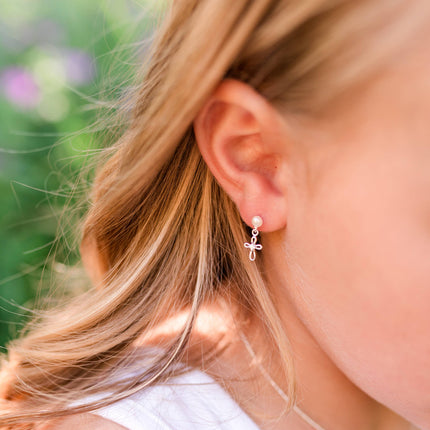 Sterling Silver Pearl Cross Baptism/First Communion Earrings