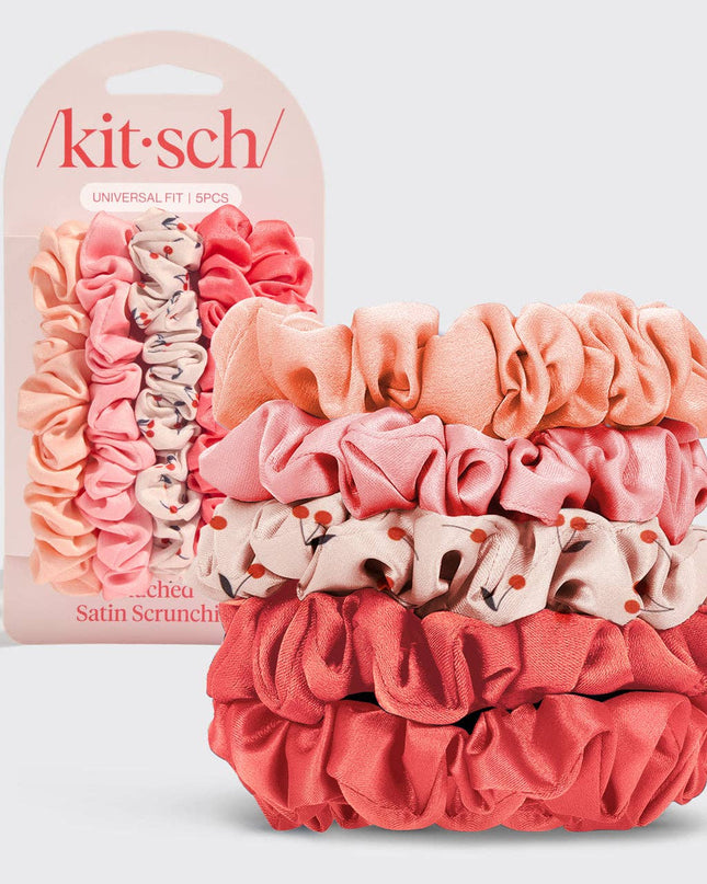 Ruched Satin Scrunchies 5pc Set - Cherry Blossom