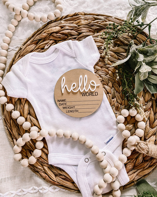 Hello World Birth Stat Announcement Wood Disc - Layered 3D