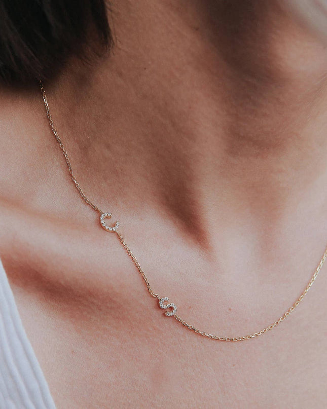 Pave Initial Necklace, CZ Initial Necklace, Sideways Initial