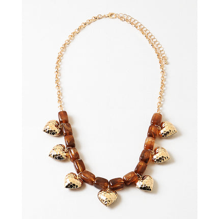 Amber Bead Gold Heart Charm Necklace
