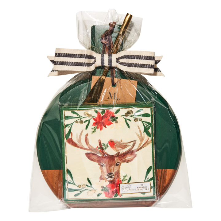 Bevel Board Kit - 9.75 x 8" Green Acacia Medium w/ Gold Spreader, Christmas Forest Napkin, and Ribbon