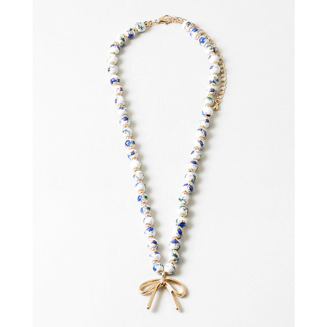 White & Blue Ceramic Bead Gold Bow Necklace