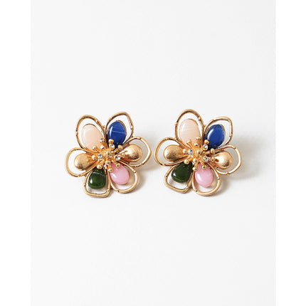 Multicolor Stone Gold Flower Stud Earrings
