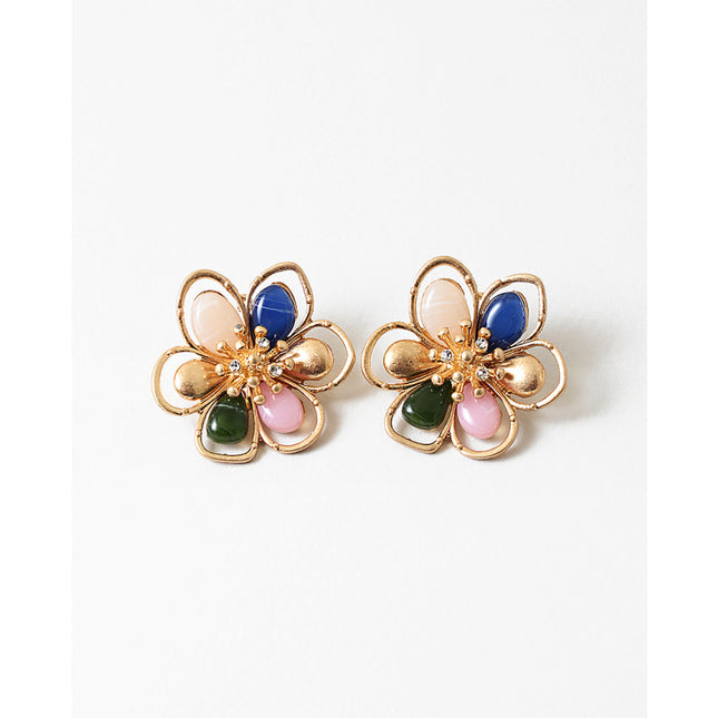 Multicolor Stone Gold Flower Stud Earrings