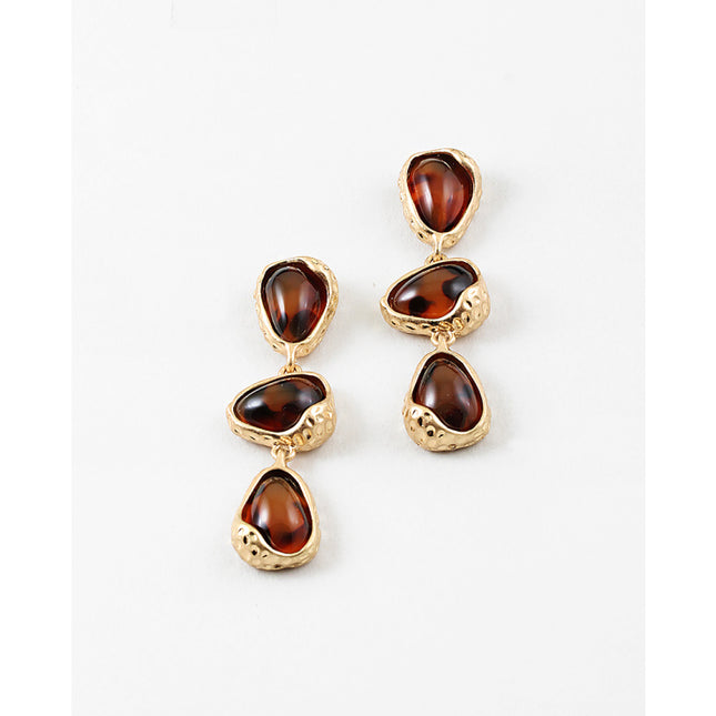 Amber Stone Gold Tiered Drop Earrings