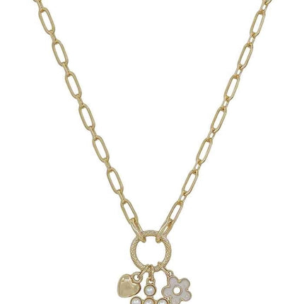 Gold Chain with Cross, Heart, and Flower Charms