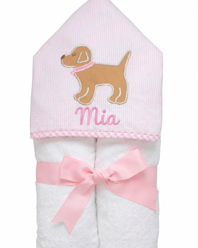 Pink Lab Puppy Hooded Towel with Mia embroidered in pink