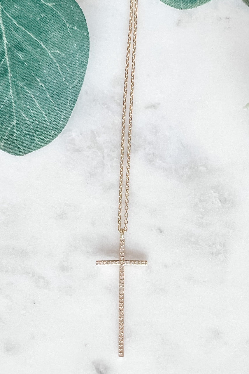 CZ Large Cross Necklace-Gold