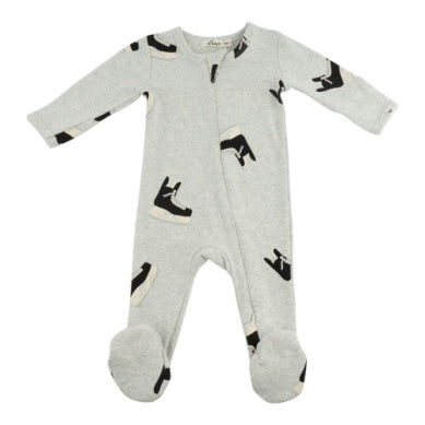 oh baby! Hockey Skates Large Print Zipper Footie in Heather Gray