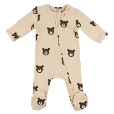 oh baby! Bear Faces Baby Rib Zipper Footie in Shortbread