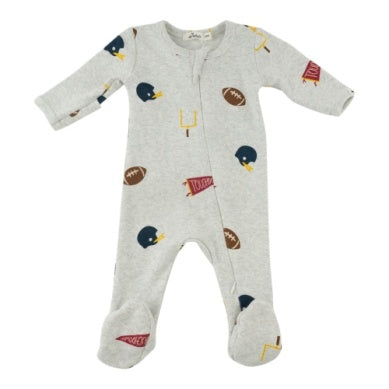 oh baby! Football All-Over Print Footie in Heather Gray