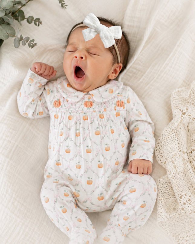 Angel Dear Pretty Pumpkin Trellis Smocked Peter Pan Snap Footie