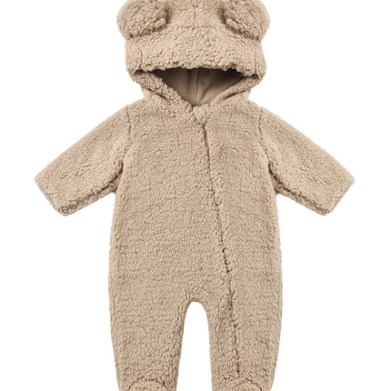 Quincy Mae Bear Jumpsuit in Latte sherpa with bear-ear hood