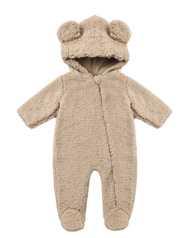 Quincy Mae Bear Jumpsuit in Latte sherpa with bear-ear hood
