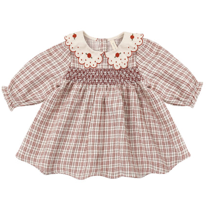 Quincy Mae Callie Dress in Christmas Plaid with smocking and embroidered rose collar