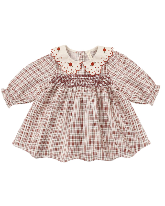 Quincy Mae Callie Dress in Christmas Plaid with smocking and embroidered rose collar
