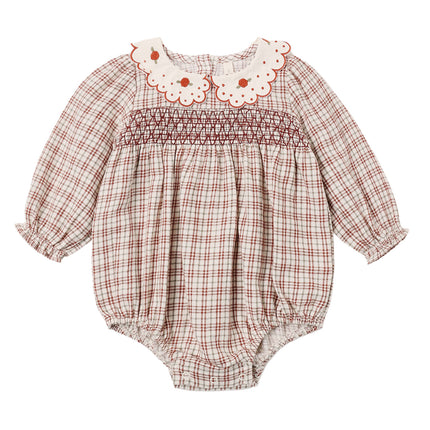 Quincy Mae Callie Romper in Christmas Plaid with smocking and embroidered rose collar