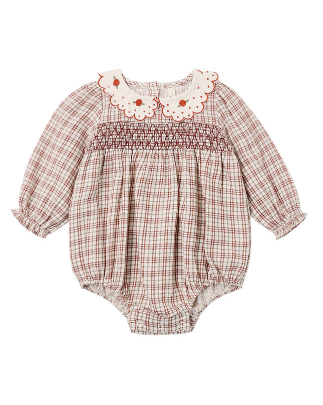 Quincy Mae Callie Romper in Christmas Plaid with smocking and embroidered rose collar