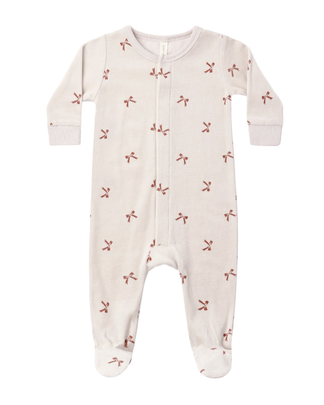 Quincy Mae Hidden Snap Footie in Red Bows velour