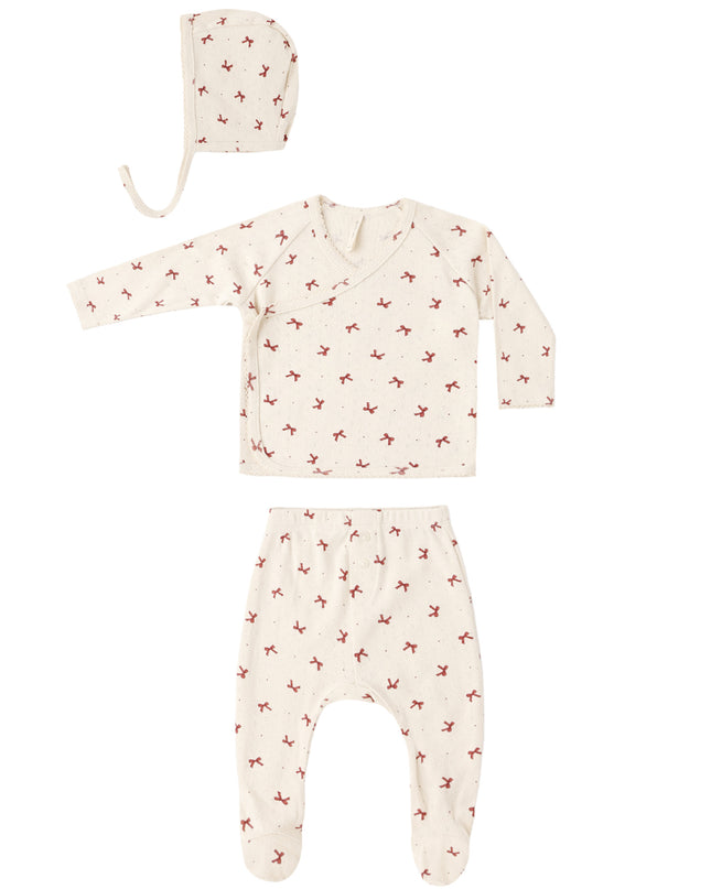 Quincy Mae Take Home Set in Red Bows: bonnet, wrap top, and footed pant