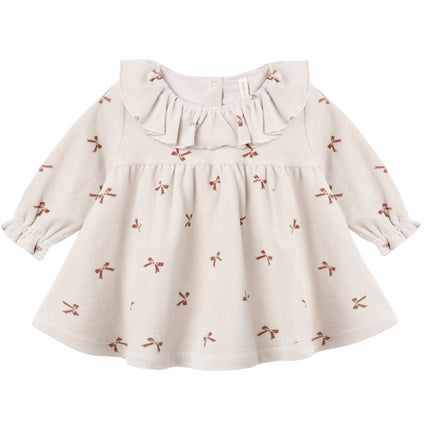 Quincy Mae Velour Baby Dress in Red Bows print with ruffle collar