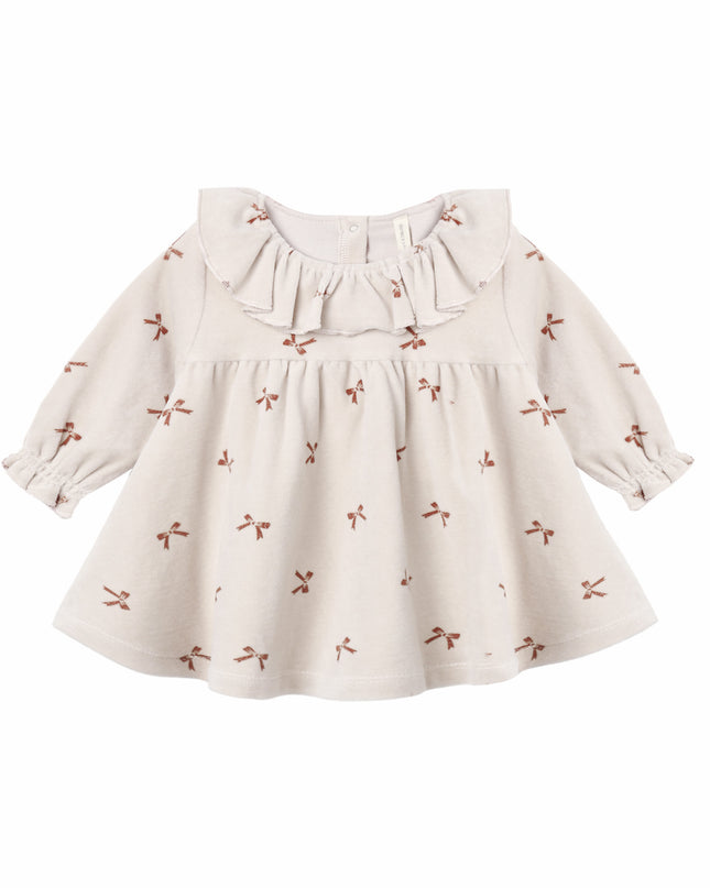 Quincy Mae Velour Baby Dress in Red Bows print with ruffle collar